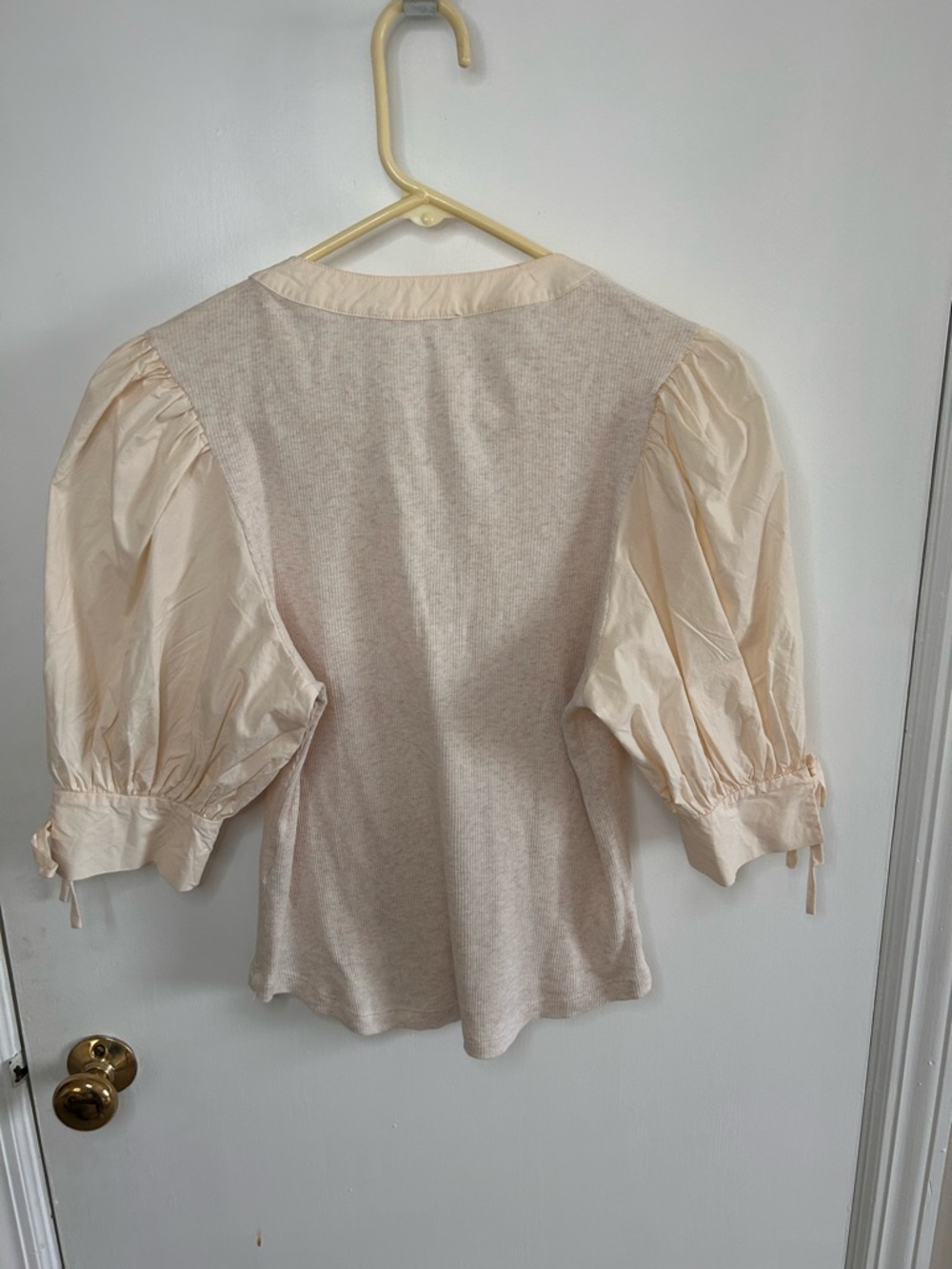ULLA JOHNSON PIA V-NECK MELANGE RIB KNIT TOP WITH PUFF SLEEVES SIZE MEDIUM - Picture 10 of 13